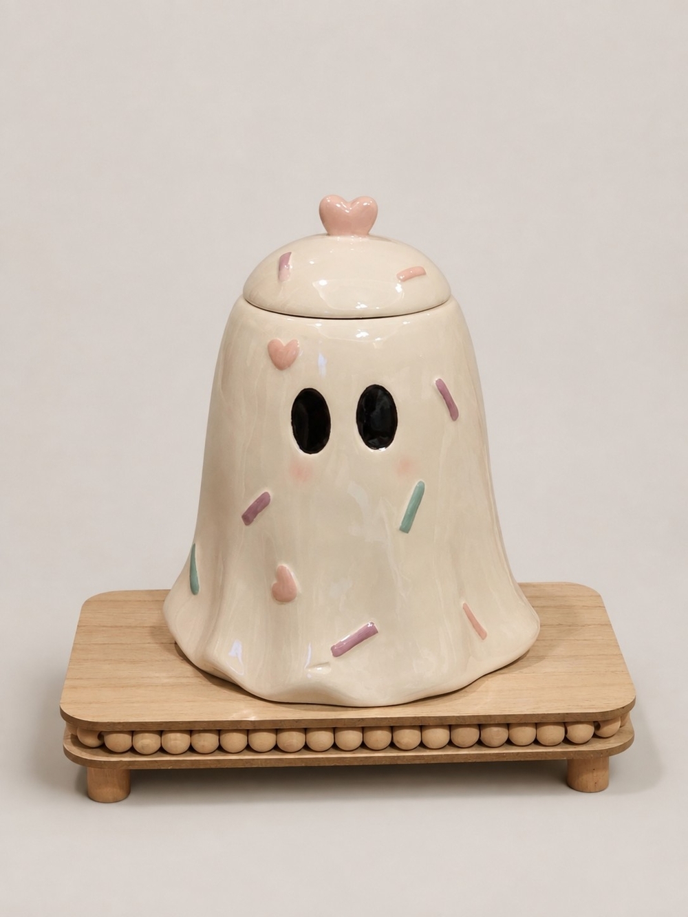 Halloween Cream Ghost Cookie Jar with Pastel Sprikle Accents & Heart Topper